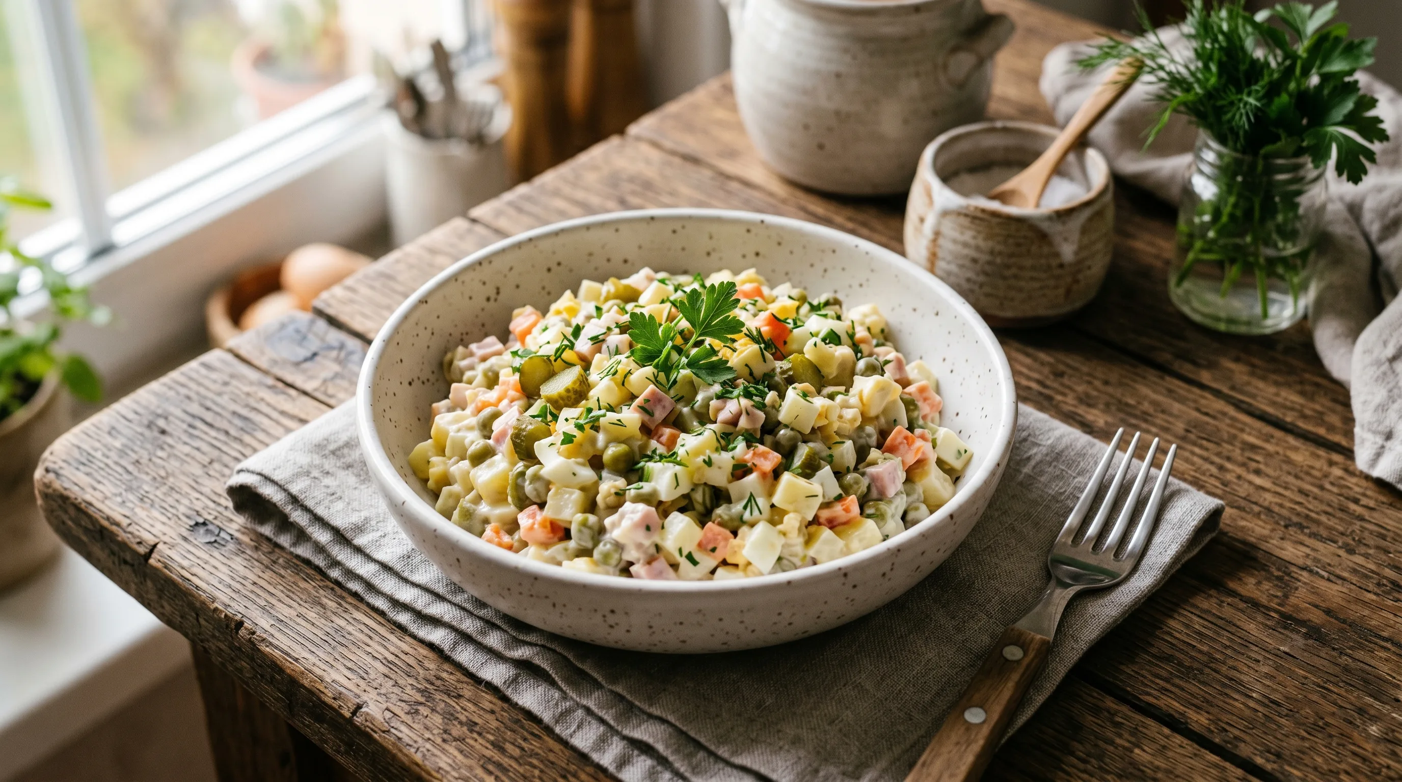 Healthy Olivier Salad — Eastern European Potato Salad with Yogurt Dressing (180 kcal)