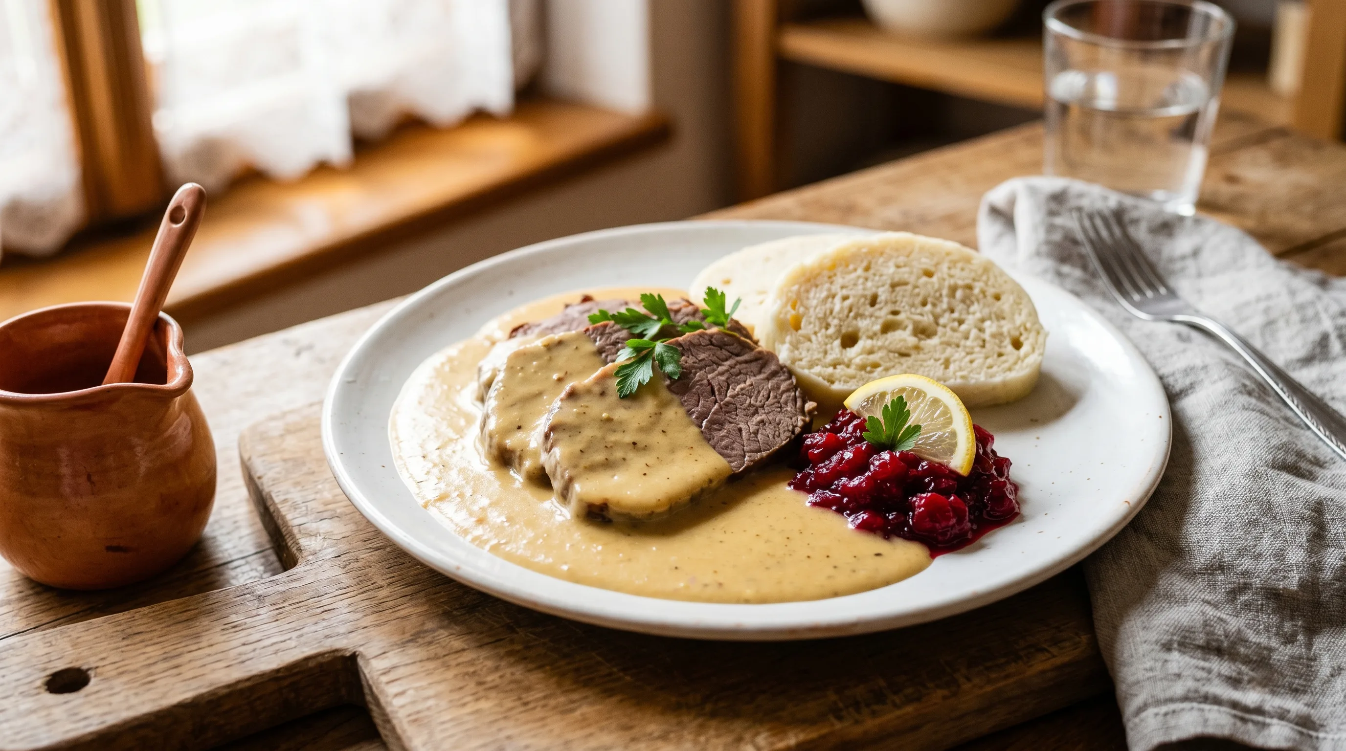 Healthy Svíčková — Czech Braised Beef in Lighter Cream Sauce (380 kcal, 36g Protein)
