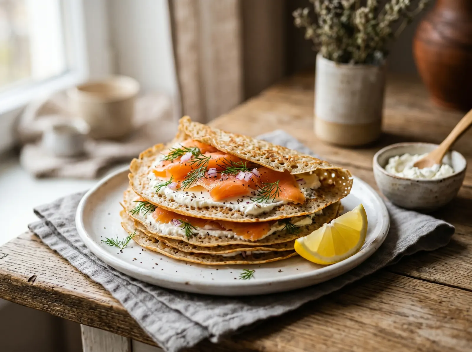 Buckwheat Blini with Smoked Salmon & Dill