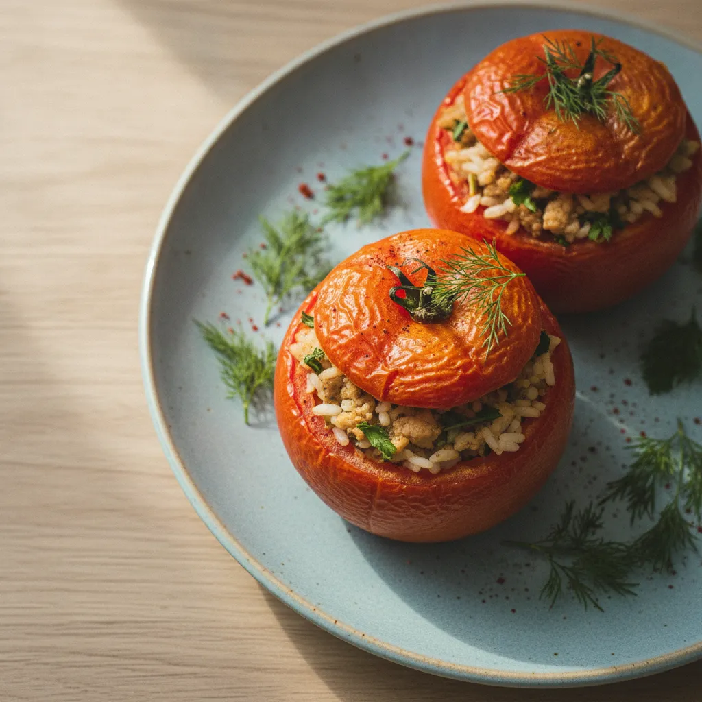 Light Balkan Stuffed Tomatoes with Lean Ground Chicken & Summer Herbs