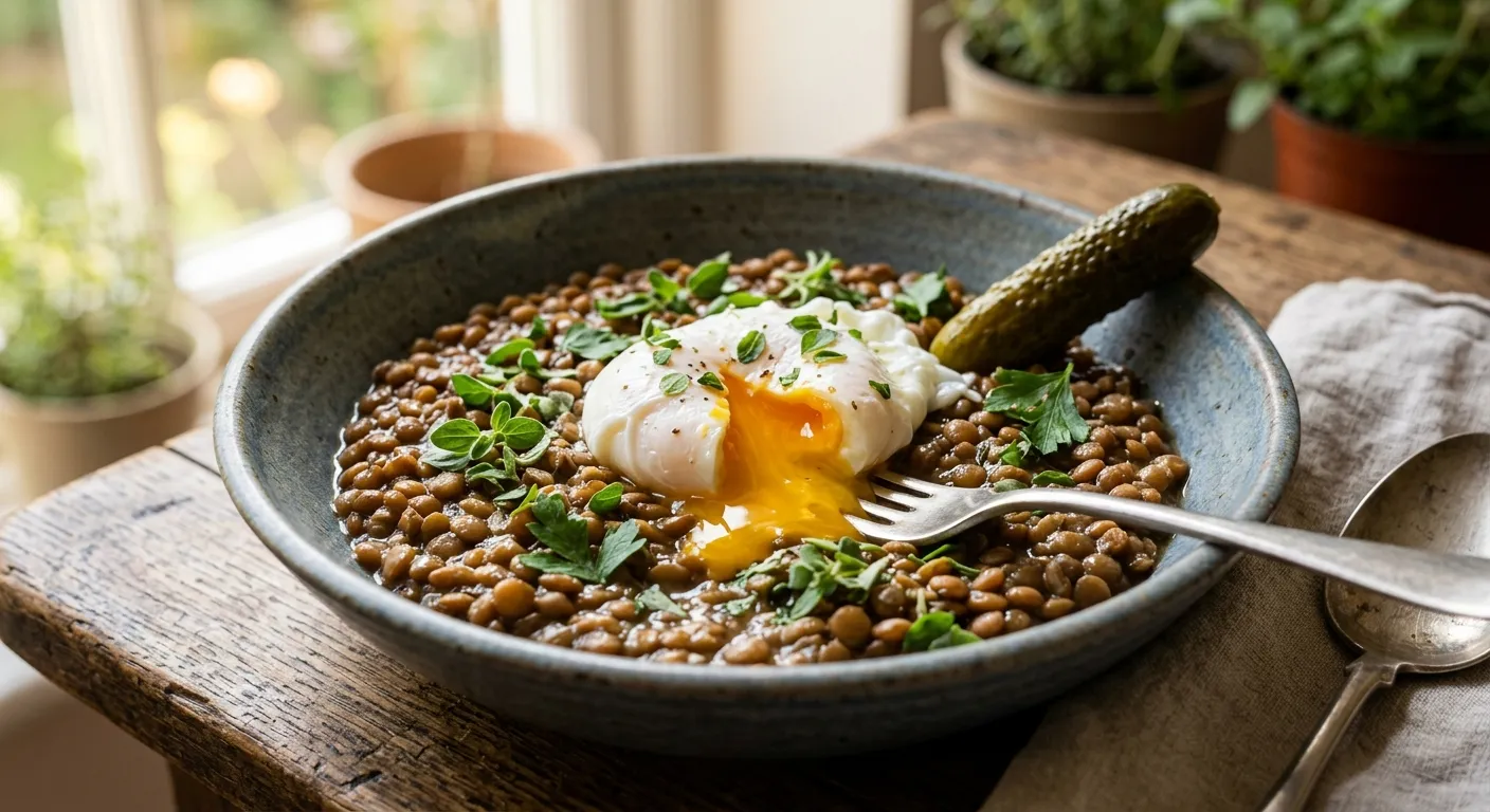Light Czech Čočka na Kyselo (Tangy Braised Lentils with Poached Egg)