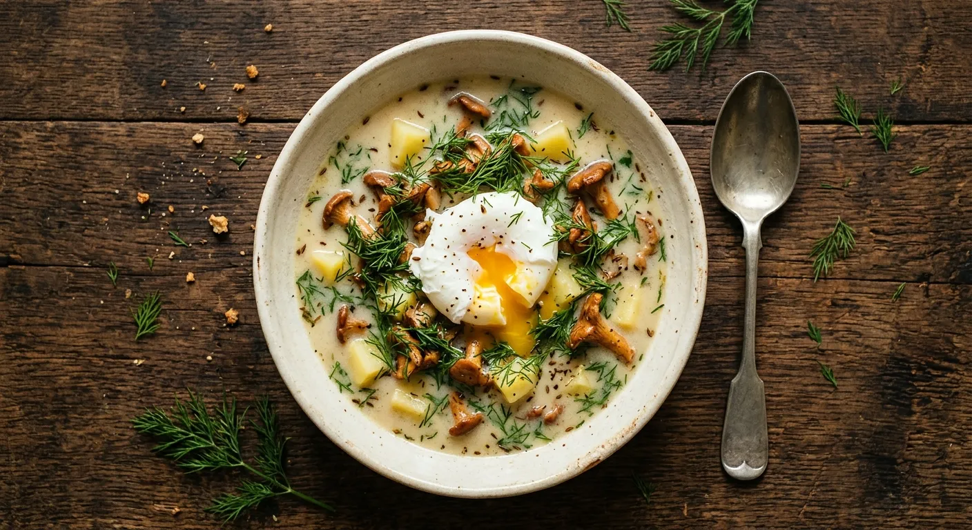 Light Czech Kulajda (Wild Mushroom & Dill Soup with Poached Egg)
